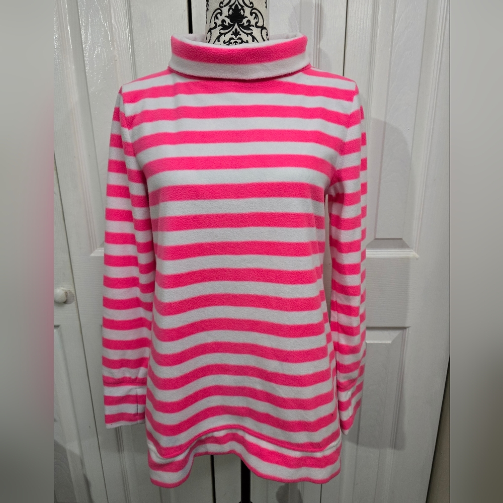 Telluride Pink & White Striped Wide Turtleneck Fleece Pullover